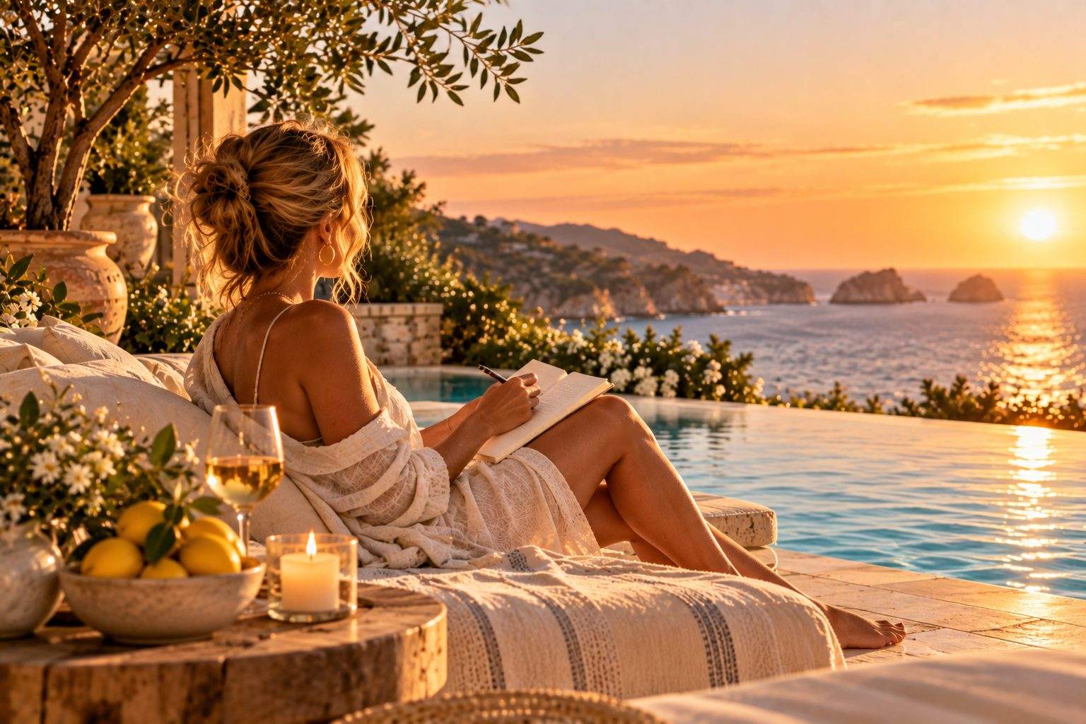 Journal reading a brighter you awaits beside a candle at sunset