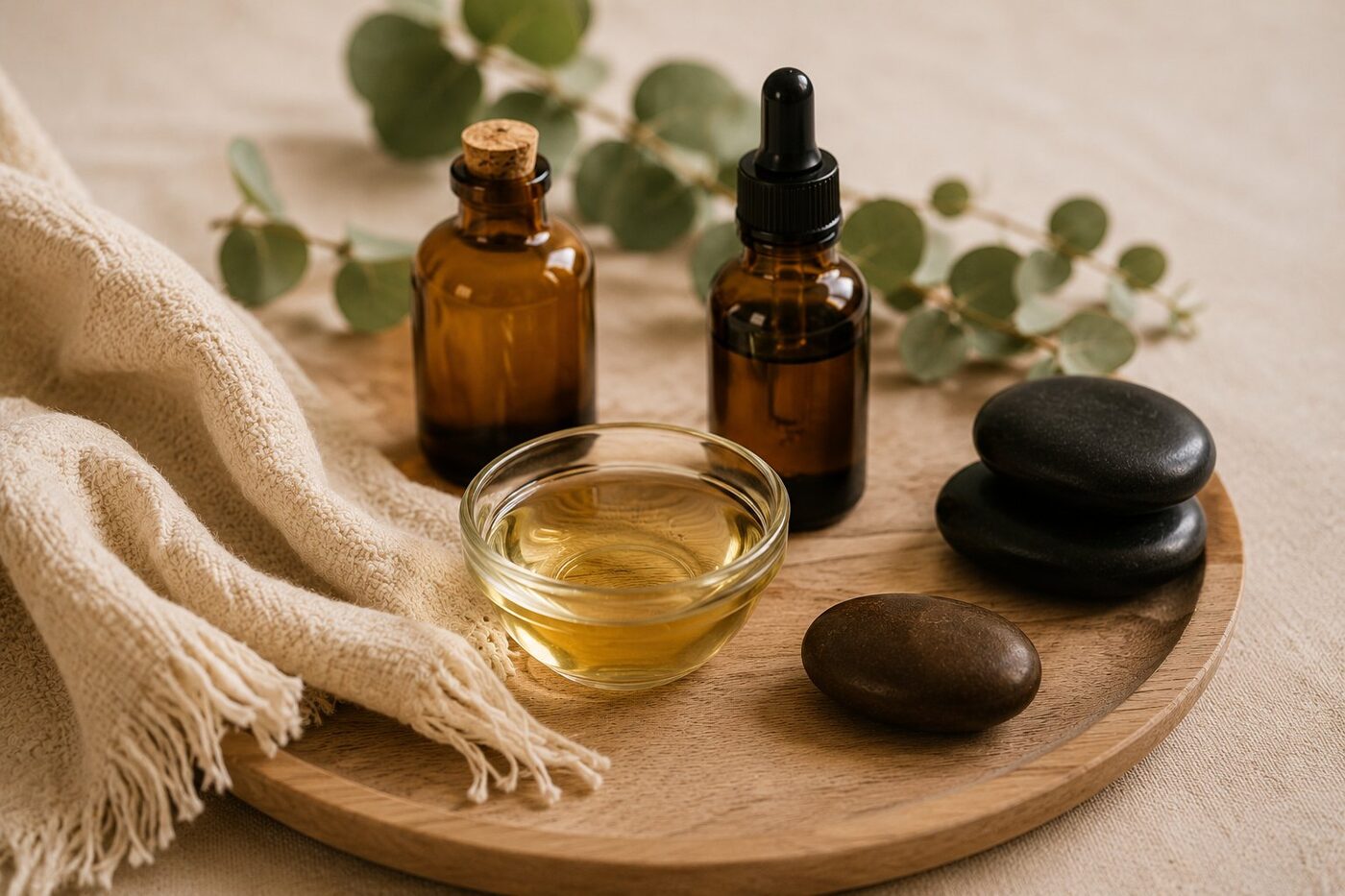 Botanical body oils, warm stones, and linens at Lemon & Honey Day Spa in Orange County, California