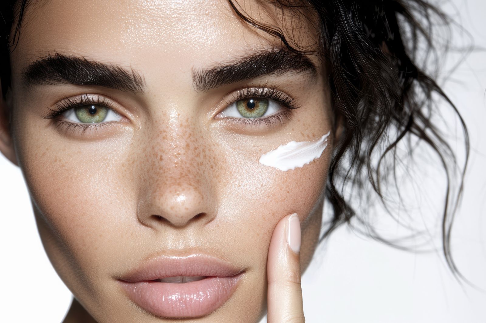 Woman applying moisturizer to her cheek, simple travel skincare tips from Lemon & Honey Day Spa