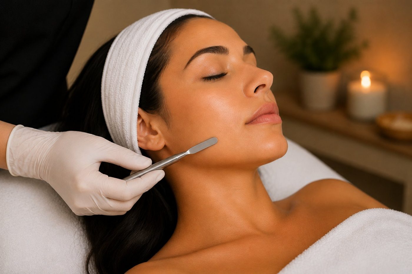 Dermaplaning facial treatment with surgical scalpel at Lemon & Honey Day Spa in the City of Orange, California