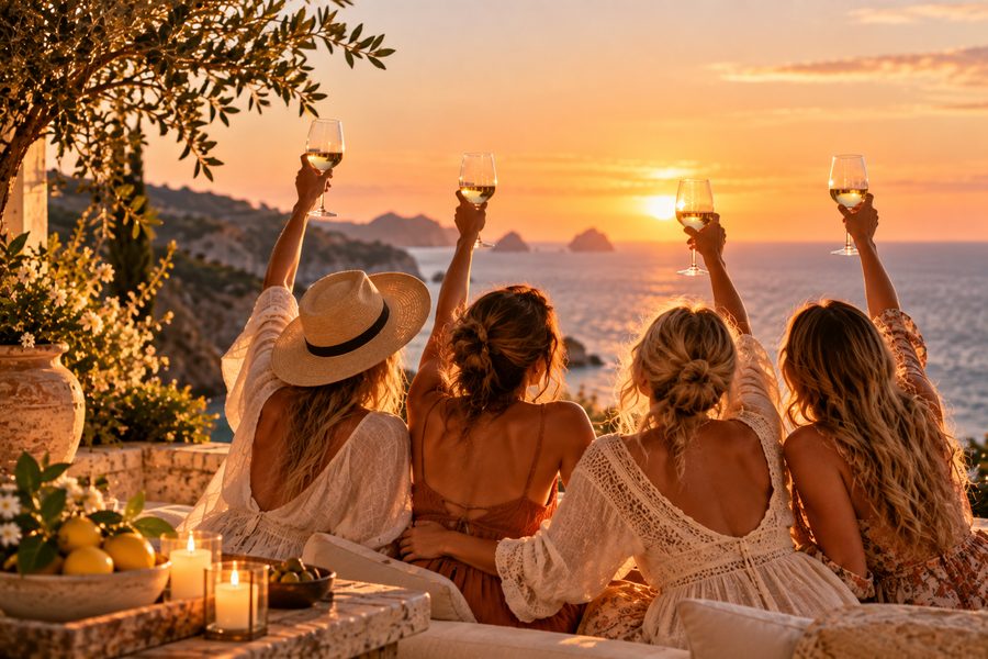 Friends raising glasses on a seaside terrace at sunset, a holiday spa gift to share