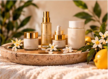 Gold-capped skincare bottles and jars on a stone tray with lemons and orange blossoms, a gift for skincare lovers