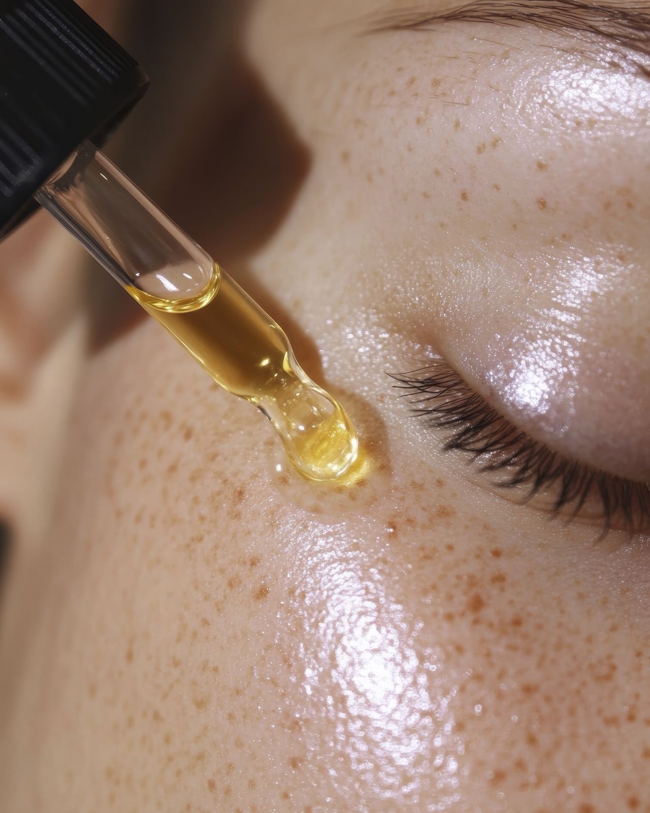 Golden facial oil from a dropper on glowing skin, lymphatic facials at Lemon & Honey Day Spa, City of Orange, CA