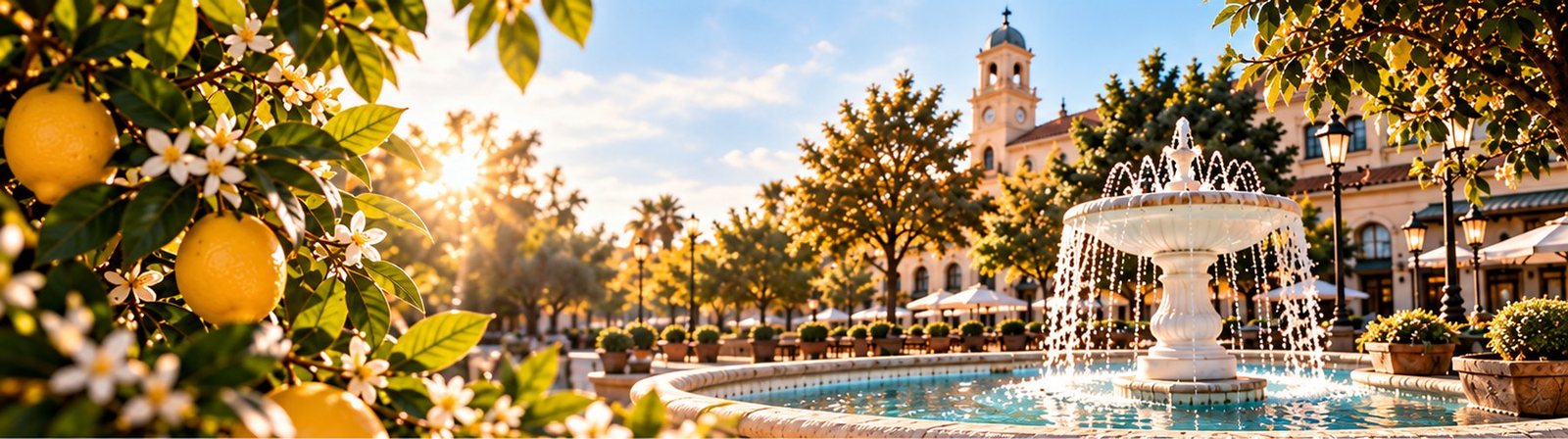 Blooming lemon tree beside a plaza fountain at golden hour, Golden Tickets Weekend in the City of Orange, CA