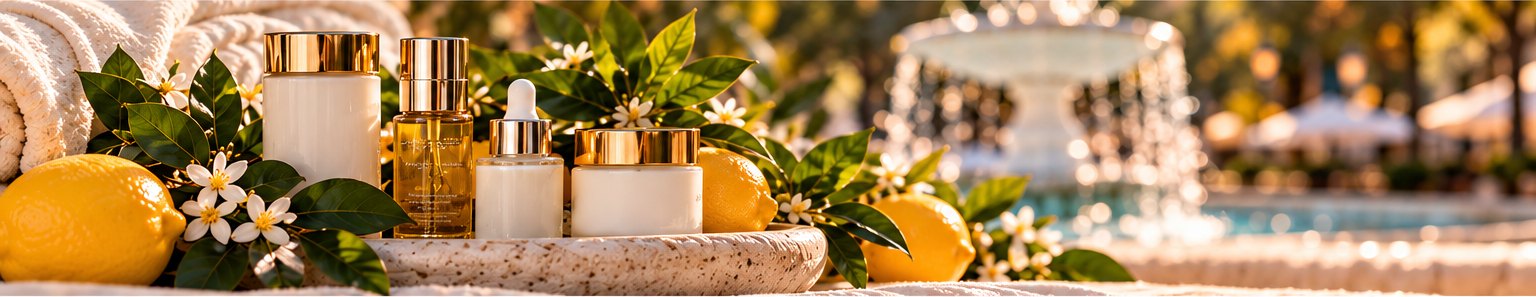 Skincare bottles with lemons and orange blossoms beside a fountain, Golden Tickets skincare gifts at Lemon & Honey Day Spa