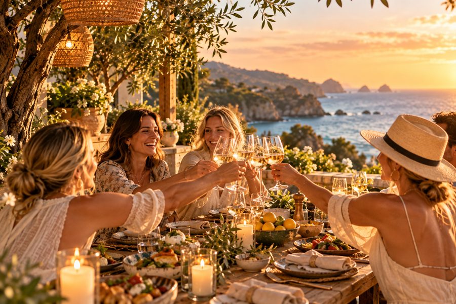 Friends toasting at a candlelit dinner
