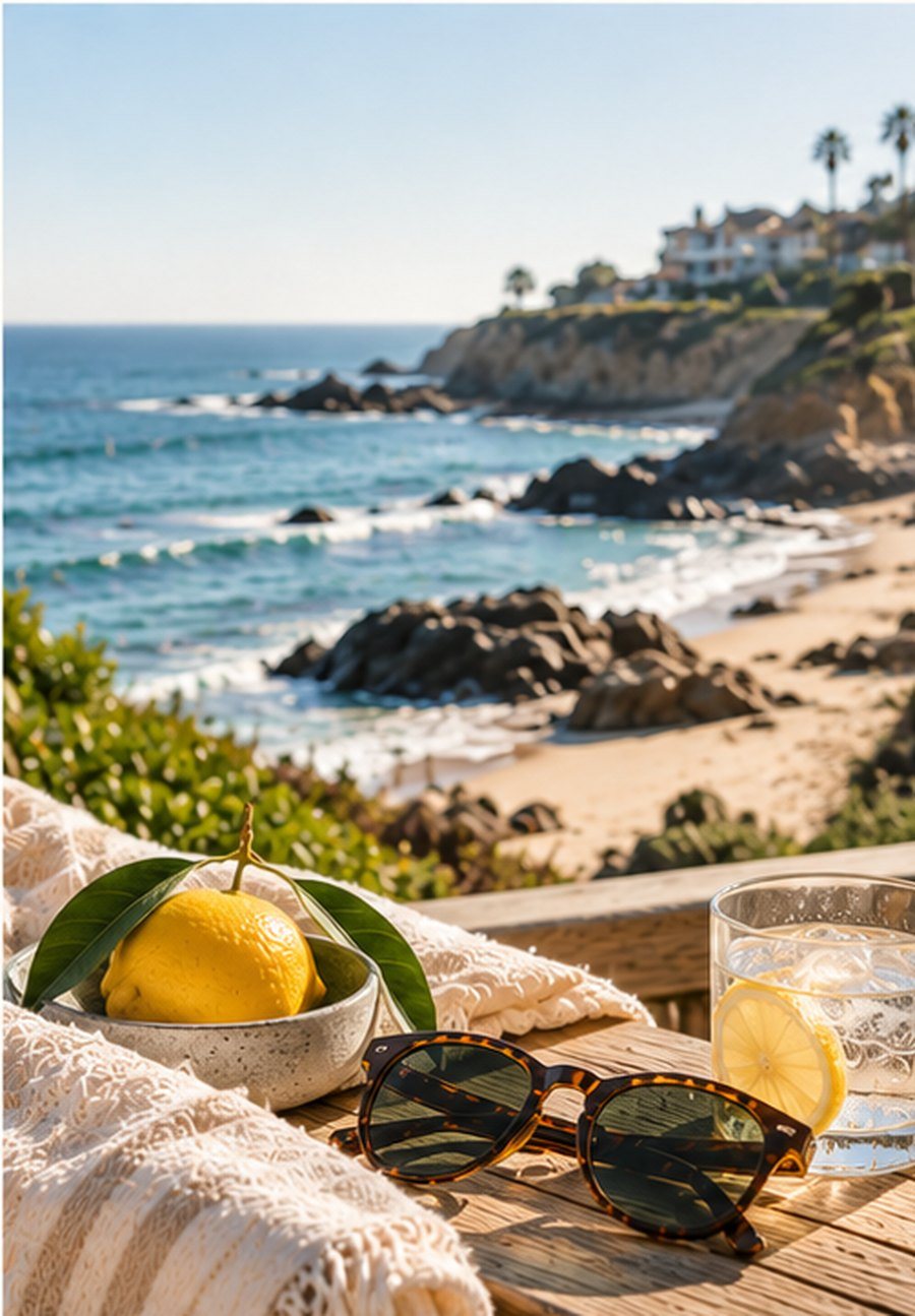 Lemon, sunglasses and lemon water overlooking Little Corona Beach in Orange County, the Lemon & Honey Day Spa feeling