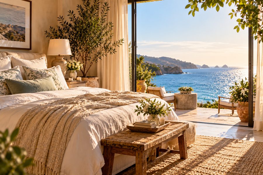 Sunlit bedroom opening onto an ocean view, a restful retreat holiday spa gift idea