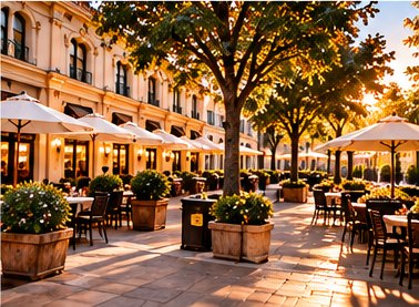 Tree-lined plaza cafes in the City of Orange at golden hour, local gift ideas from Lemon & Honey Day Spa