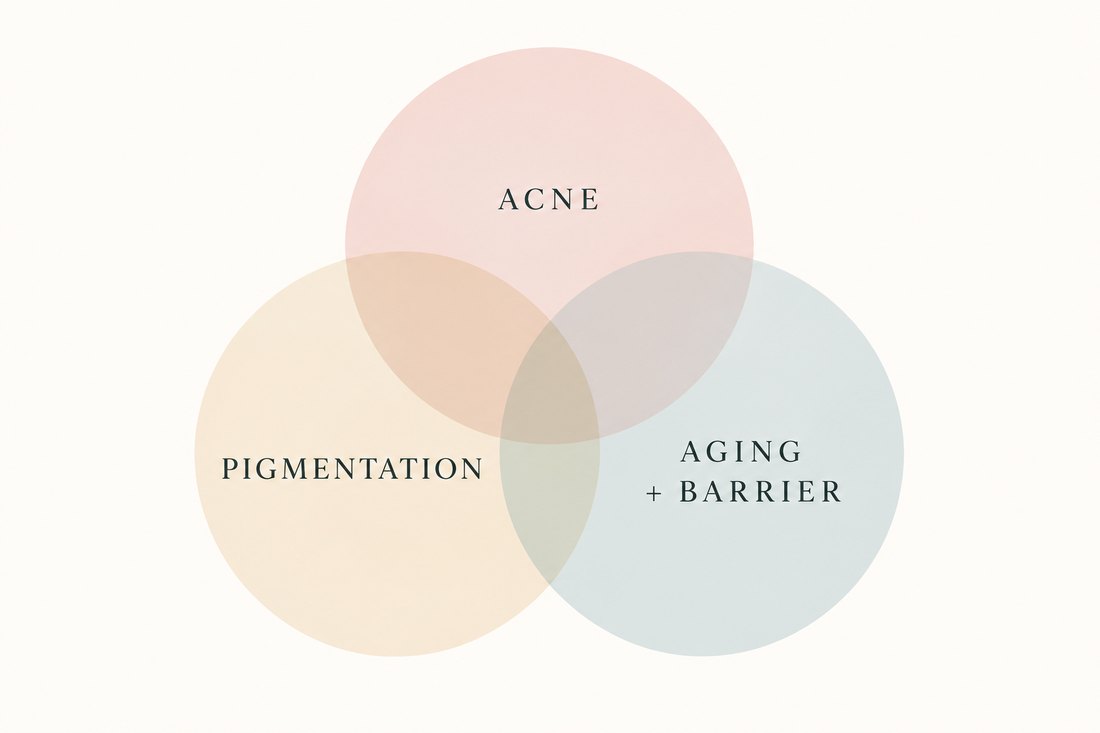 Diagram showing how acne, pigmentation, and aging with barrier damage overlap