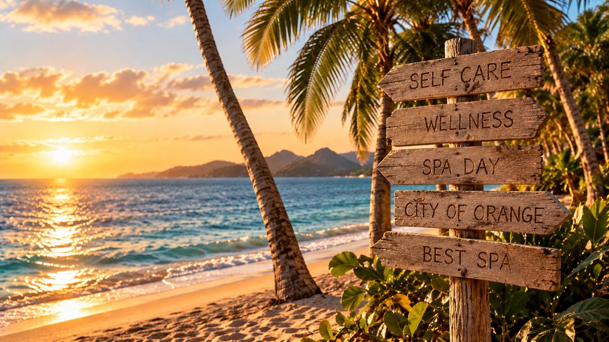 Carved wooden beach signpost reading self care, wellness, spa day, City of Orange