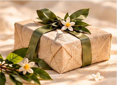 Spa gift wrapped in textured paper with a green ribbon and orange blossoms