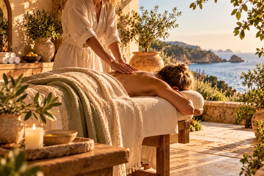 Massage on a terrace overlooking the ocean, a holiday massage gift idea from Lemon & Honey Day Spa