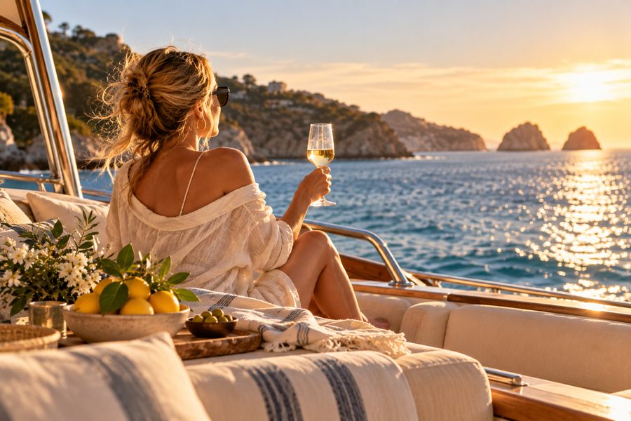 Woman relaxing on a boat deck with a drink at sunset, a time-for-yourself holiday spa gift idea